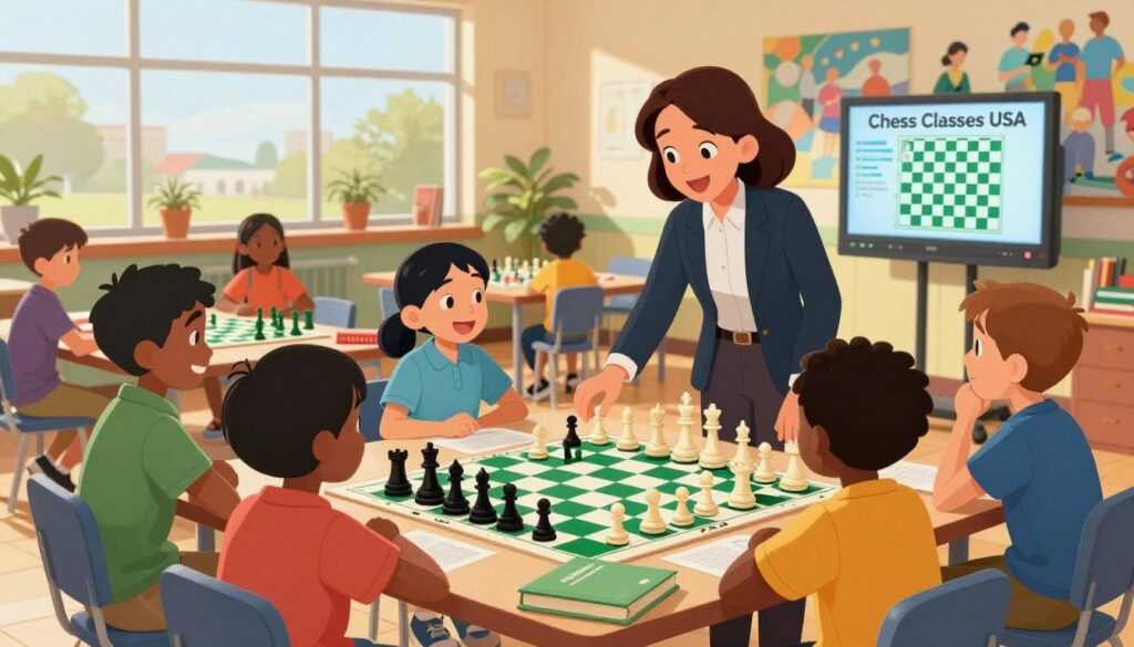 A vibrant and engaging scene depicting an interactive chess learning environment in a community center. In the foreground, a diverse group of children, dressed in smart casual attire, enthusiastically gather around a large chessboard, studying various chess strategies with the guidance of a cheerful, professional instructor, wearing business casual. The middle ground features colorful chess pieces and strategically placed chess books scattered on tables, along with a digital screen displaying chess tutorials. In the background, large windows let in warm, natural light, highlighting a community mural showcasing local chess history. The atmosphere is inviting and energetic, capturing the essence of the role of Debsie in local chess development, prominently featuring the brand "Chess Classes USA" as part of the community resource.