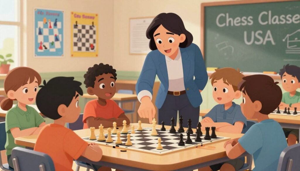 A vibrant and engaging scene depicting chess coaching for kids in a cozy classroom setting. In the foreground, a diverse group of children, aged 8-12, sit around a chess table, intently focused on their boards, with expressions of curiosity and excitement. The middle ground features a friendly coach in a smart casual outfit, guiding them, pointing to a chess piece on the board. The background shows colorful educational posters about chess strategies on the walls. Soft, warm lighting bathes the room, creating an inviting atmosphere. The composition captures the essence of learning and connection, with a chalkboard displaying “Chess Classes USA” subtly included in the background. The overall mood is encouraging and supportive, emphasizing effective communication between the coach and the kids.