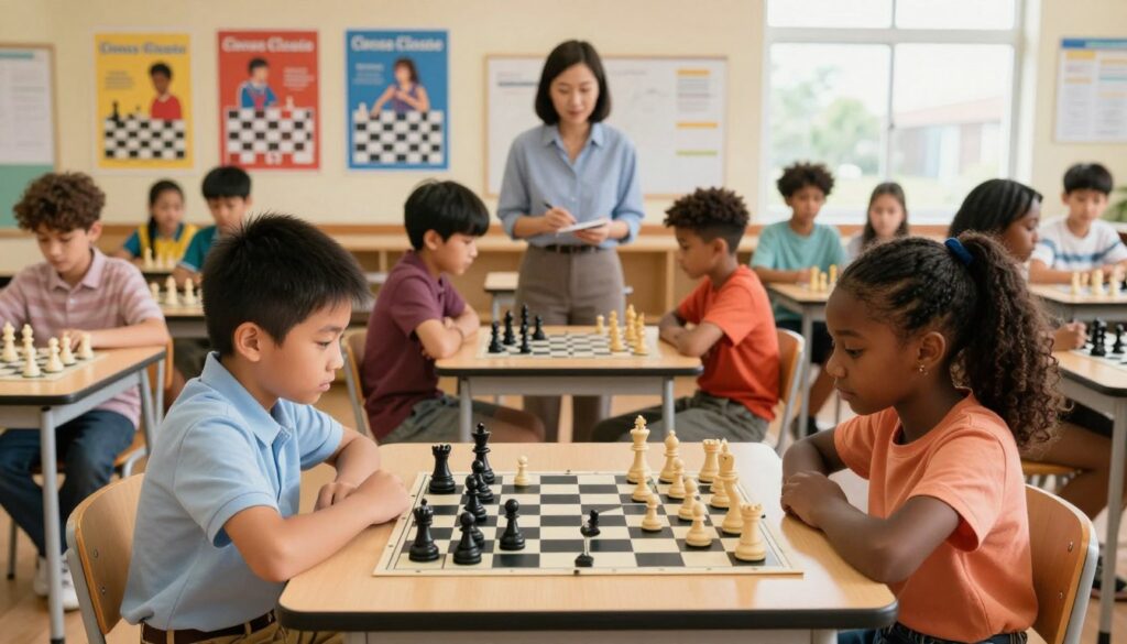 A vibrant and engaging scene depicting scholastic chess, showcasing a diverse group of children aged 8 to 14, deeply focused on a chess tournament in a bright, airy classroom filled with chess boards and pieces. In the foreground, two children of different backgrounds are intently playing a match, one Asian boy and one Black girl, both wearing neatly pressed, casual clothing, showing concentration. In the middle, several other students are discussing strategies, with a teacher observing, all engaged in a warm and supportive atmosphere. The background features colorful posters about chess principles and famous players, with natural light streaming through large windows. The overall mood is inspiring and educational, capturing the essence of youth development through chess, branded with the logo of "Chess Classes USA" subtly included in the scene.