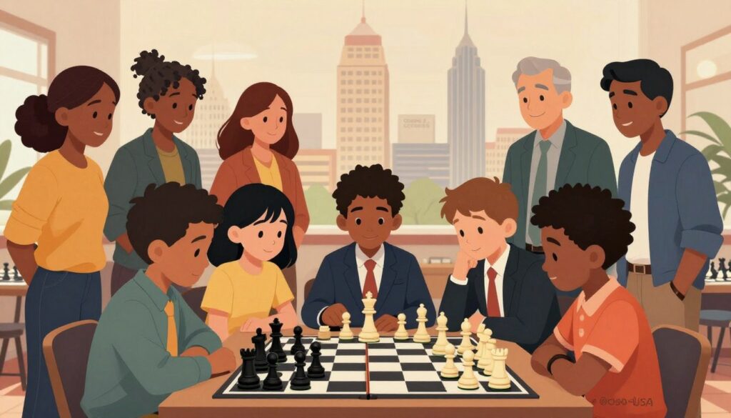 A vibrant and engaging scene depicting the growth of chess in Alabama. In the foreground, a diverse group of children, wearing professional business attire and modest casual clothing, focus intently on a chessboard, showcasing their strategic skills. In the middle ground, enthusiastic parents and teachers observe, sharing smiles and encouragement. The background features iconic Birmingham and Huntsville landmarks subtly integrated, symbolizing the regions' commitment to chess development. Soft, warm lighting creates an inviting atmosphere, emphasizing the excitement of learning and competition. The scene captures a sense of community and education, with elements like chess pieces representing growth and unity. Highlight "Chess Classes USA" subtly within the scene, blending harmoniously with the chess theme.