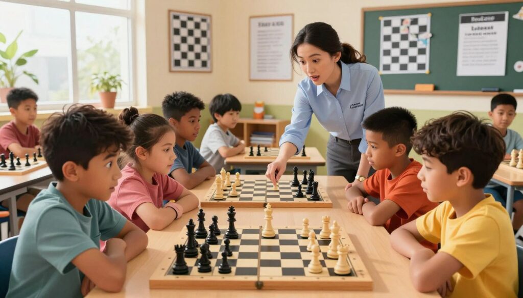 A vibrant and engaging scene depicting youth chess development in a scholastic setting. In the foreground, a diverse group of children, aged 10-14, in smart casual clothing, are intensely focused on a chess game, with a chessboard visually capturing a thrilling mid-game position. Their expressions showcase determination and excitement. In the middle ground, a knowledgeable instructor from "Chess Classes USA" is interacting with a child, pointing out strategic moves on another chessboard, emphasizing mentorship. The background features a bright and cheerful classroom adorned with chess posters and motivational quotes, hinting at an inviting learning environment. Soft, natural lighting streams in from large windows, creating an inspiring atmosphere conducive to learning and growth in chess skills. The perspective is slightly elevated, capturing both faces and the chess action effectively.