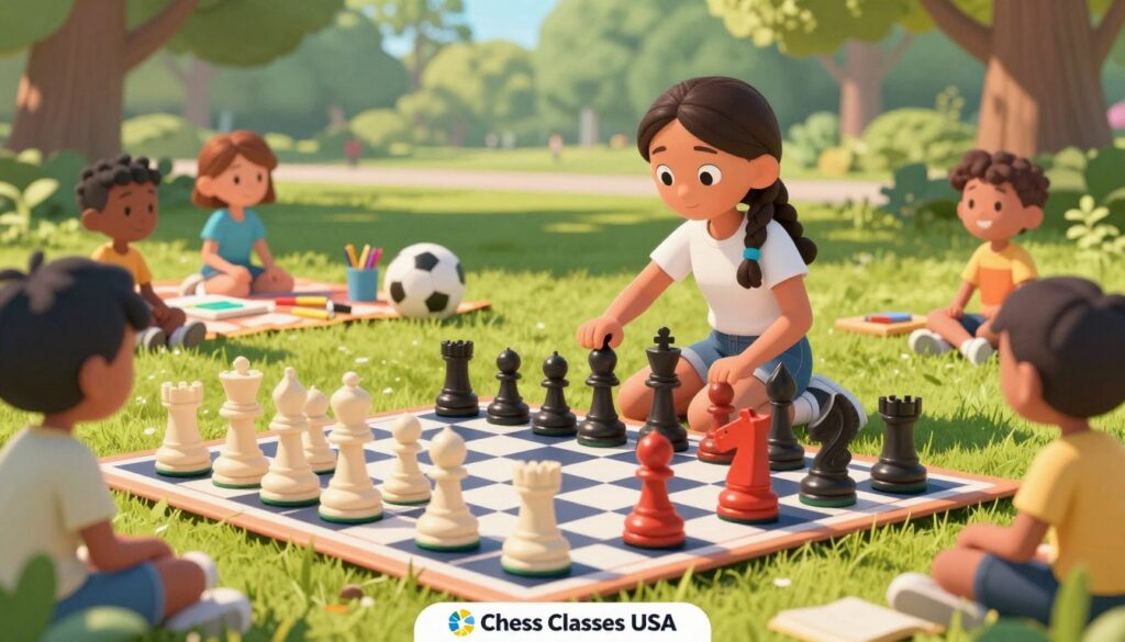 A vibrant and engaging scene of a young girl, around 10 years old, playing chess with a colorful, oversized chess set in a sunny park. She is dressed in a modest casual outfit, with braided hair and a focused expression, surrounded by a few playful friends who are also interested in chess, creating a sense of community. In the background, we see a picnic blanket with art supplies and a soccer ball, symbolizing balance with other interests. Soft sunlight filters through the trees, casting gentle shadows on the grass, enhancing the cheerful atmosphere. The focus is clear on the girl and the chess pieces, captured from a low angle to convey a sense of importance. At the bottom of the image, subtly include the logo of "Chess Classes USA" to represent support for young players. A vibrant and engaging scene of a young girl, around 10 years old, playing chess with a colorful, oversized chess set in a sunny park. She is dressed in a modest casual outfit, with braided hair and a focused expression, surrounded by a few playful friends who are also interested in chess, creating a sense of community. In the background, we see a picnic blanket with art supplies and a soccer ball, symbolizing balance with other interests. Soft sunlight filters through the trees, casting gentle shadows on the grass, enhancing the cheerful atmosphere. The focus is clear on the girl and the chess pieces, captured from a low angle to convey a sense of importance. At the bottom of the image, subtly include the logo of "Chess Classes USA" to represent support for young players.