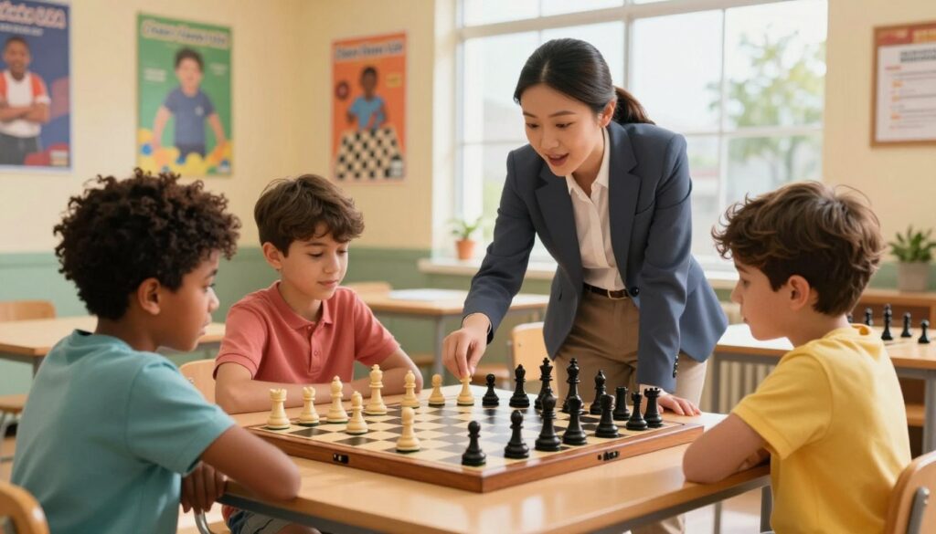 A vibrant and engaging scene of children participating in a chess lesson, with a diverse group of three kids, aged around 8-10 years, attentively gathered around a checkerboard in a well-lit room. The foreground features a wooden chessboard with pieces in mid-game, illustrating a strategic moment. In the middle, an enthusiastic instructor, a well-dressed adult in smart casual attire, gestures to a chess piece, guiding the young learners. The background showcases colorful posters of famous chess players and a large window allowing natural light to fill the space, illuminating the scene with a warm glow. The atmosphere is focused yet playful, capturing the excitement of learning. Emphasize "Chess Classes USA" subtly in the decor. A vibrant and engaging scene of children participating in a chess lesson, with a diverse group of three kids, aged around 8-10 years, attentively gathered around a checkerboard in a well-lit room. The foreground features a wooden chessboard with pieces in mid-game, illustrating a strategic moment. In the middle, an enthusiastic instructor, a well-dressed adult in smart casual attire, gestures to a chess piece, guiding the young learners. The background showcases colorful posters of famous chess players and a large window allowing natural light to fill the space, illuminating the scene with a warm glow. The atmosphere is focused yet playful, capturing the excitement of learning. Emphasize "Chess Classes USA" subtly in the decor.