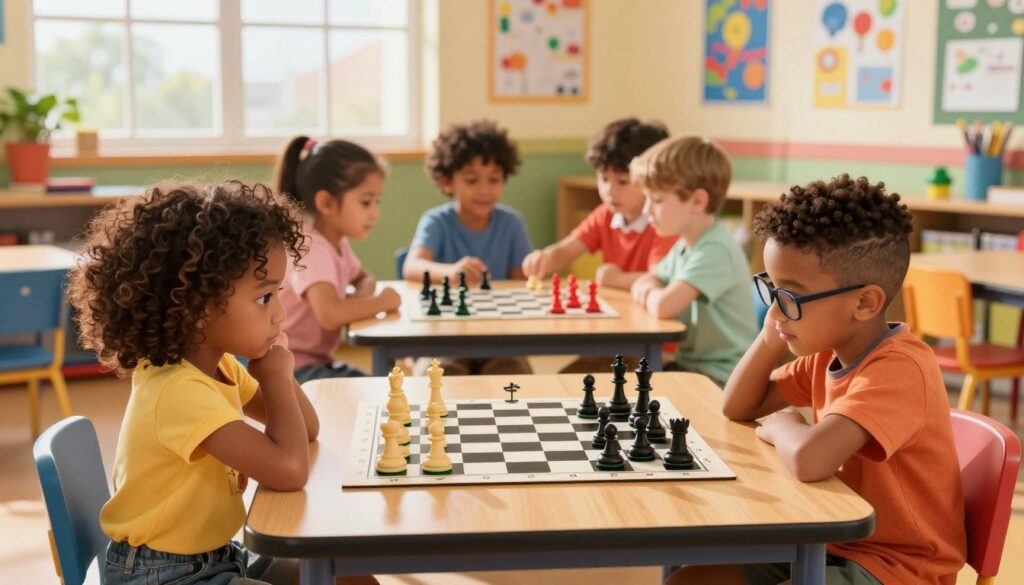 A vibrant and engaging scene of children playing chess at a colorful classroom table. In the foreground, two diverse kids, a girl with curly hair and a boy with glasses, are focused on their chess game, deep in thought. The middle ground features more children watching intently, some helping each other strategize, surrounded by colorful chess pieces that pop against the light wooden surface. In the background, a cheerful, well-organized classroom filled with educational posters and art supplies enhances the atmosphere. Warm, natural lighting streams through large windows, creating a bright and inviting ambiance. The overall mood is one of concentration and joy, embodying the academic benefits of chess. Incorporate the brand name "Chess Classes USA" subtly in a playful design on the table. A vibrant and engaging scene of children playing chess at a colorful classroom table. In the foreground, two diverse kids, a girl with curly hair and a boy with glasses, are focused on their chess game, deep in thought. The middle ground features more children watching intently, some helping each other strategize, surrounded by colorful chess pieces that pop against the light wooden surface. In the background, a cheerful, well-organized classroom filled with educational posters and art supplies enhances the atmosphere. Warm, natural lighting streams through large windows, creating a bright and inviting ambiance. The overall mood is one of concentration and joy, embodying the academic benefits of chess. Incorporate the brand name "Chess Classes USA" subtly in a playful design on the table.