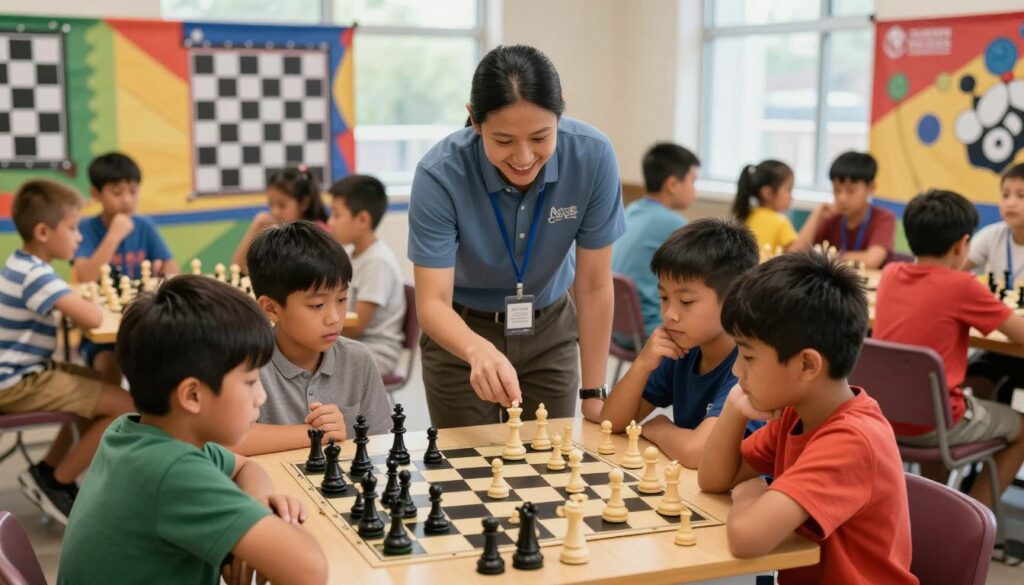 A vibrant and engaging scene of competitive chess for children, capturing a lively tournament atmosphere. In the foreground, diverse children between ages 8-12, dressed in modest casual clothing, are intensely focused on their chessboards, showcasing determination and concentration. In the middle, a supportive adult coach from Chess Classes USA observes and encourages the players, offering advice and guidance with a proud smile. The background features colorful banners of chess-themed decorations and other excited children in various stages of play. Natural daylight filters through large windows, creating a warm, inviting ambiance. The lens angle captures the excitement and strategic atmosphere of an open chess tournament, emphasizing the interactions and expressions of the young competitors. The overall mood is enthusiastic and inspiring, highlighting the potential growth and readiness of young chess players. A vibrant and engaging scene of competitive chess for children, capturing a lively tournament atmosphere. In the foreground, diverse children between ages 8-12, dressed in modest casual clothing, are intensely focused on their chessboards, showcasing determination and concentration. In the middle, a supportive adult coach from Chess Classes USA observes and encourages the players, offering advice and guidance with a proud smile. The background features colorful banners of chess-themed decorations and other excited children in various stages of play. Natural daylight filters through large windows, creating a warm, inviting ambiance. The lens angle captures the excitement and strategic atmosphere of an open chess tournament, emphasizing the interactions and expressions of the young competitors. The overall mood is enthusiastic and inspiring, highlighting the potential growth and readiness of young chess players.