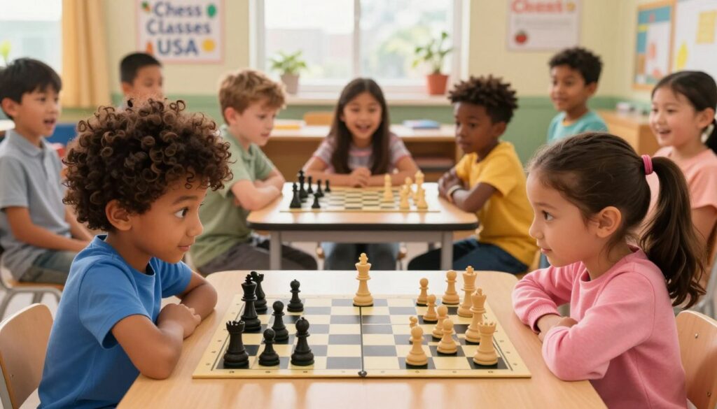 A vibrant and engaging scene of competitive chess for kids, featuring a diverse group of young children, ages 8-12, intently focused on a chess match. In the foreground, two children, a boy and a girl, are deep in concentration, their faces lit with determination, each in casual clothing. The boy has curly hair and is wearing a blue t-shirt, while the girl sports pigtails and a pink sweater. In the middle ground, a small tournament table with a chess board sits surrounded by animated spectators, showcasing a mix of excitement and interest. The background depicts a colorful classroom or community center environment, with decorations highlighting "Chess Classes USA." Soft, natural lighting filters through a nearby window, creating a warm and encouraging atmosphere. The camera angle is slightly elevated, capturing the dynamic energy of the competition.