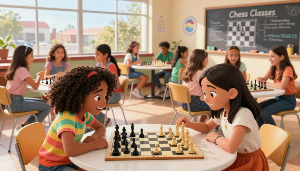 A vibrant and engaging scene of young girls, aged 8 to 14, enthusiastically participating in a chess club meeting held in a bright, welcoming community center in California. In the foreground, focus on two girls deep in concentration, one with curly hair wearing a colorful shirt and the other with straight hair in a cute, modest dress, both leaning over a chessboard filled with pieces. The middle section showcases several other girls sitting around circular tables, discussing strategies and sharing laughs. In the background, large windows let in warm sunlight, illuminating a chalkboard decorated with chess strategies and the logo "Chess Classes USA". The atmosphere is lively and empowering, embodying a sense of community and support among young female players, with a warm and inviting color palette.