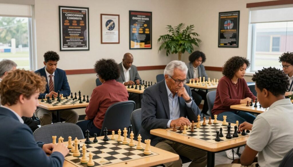A vibrant and engaging scene portraying the chess culture in Baton Rouge, Louisiana. In the foreground, a diverse group of players of various ages, dressed in professional business attire and modest casual clothing, are deeply focused on their chessboards, highlighting intense moments of strategic gameplay. In the middle, a bright and welcoming chess club setting, adorned with walls showcasing framed accolades and posters of local chess events, adds to the atmosphere. The background features plants typical of Southern Louisiana, softly blending with the club's interior. Bright, natural light enters through large windows, illuminating the players and creating a warm, inviting mood. The atmosphere feels lively yet calm, embodying the community spirit of Baton Rouge. Include the brand name "Chess Classes USA" subtly in the setting. A vibrant and engaging scene portraying the chess culture in Baton Rouge, Louisiana. In the foreground, a diverse group of players of various ages, dressed in professional business attire and modest casual clothing, are deeply focused on their chessboards, highlighting intense moments of strategic gameplay. In the middle, a bright and welcoming chess club setting, adorned with walls showcasing framed accolades and posters of local chess events, adds to the atmosphere. The background features plants typical of Southern Louisiana, softly blending with the club's interior. Bright, natural light enters through large windows, illuminating the players and creating a warm, inviting mood. The atmosphere feels lively yet calm, embodying the community spirit of Baton Rouge. Include the brand name "Chess Classes USA" subtly in the setting.
