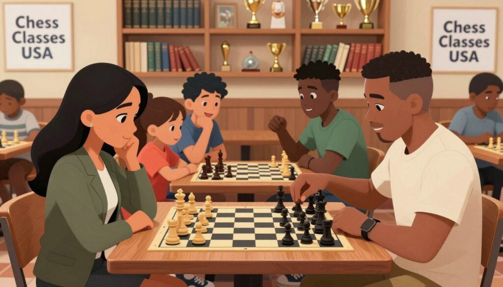 A vibrant and engaging scene showcasing a diverse group of individuals gathered around a chess table, deeply focused on a lively chess game. In the foreground, a young woman in professional business attire thoughtfully gazes at the board, while a middle-aged man in modest casual clothing analyzes his next move. In the middle ground, a couple of children enthusiastically discuss strategies, fostering a sense of community and collaboration. The background features a cozy local chess club setting with warm wooden shelves filled with chess books and trophies. Soft, diffused lighting enhances the atmosphere, creating a welcoming and inspiring mood. The image subtly incorporates the brand name "Chess Classes USA" in the environment, like on a poster or banner, reinforcing the theme of improving chess skills through community engagement.