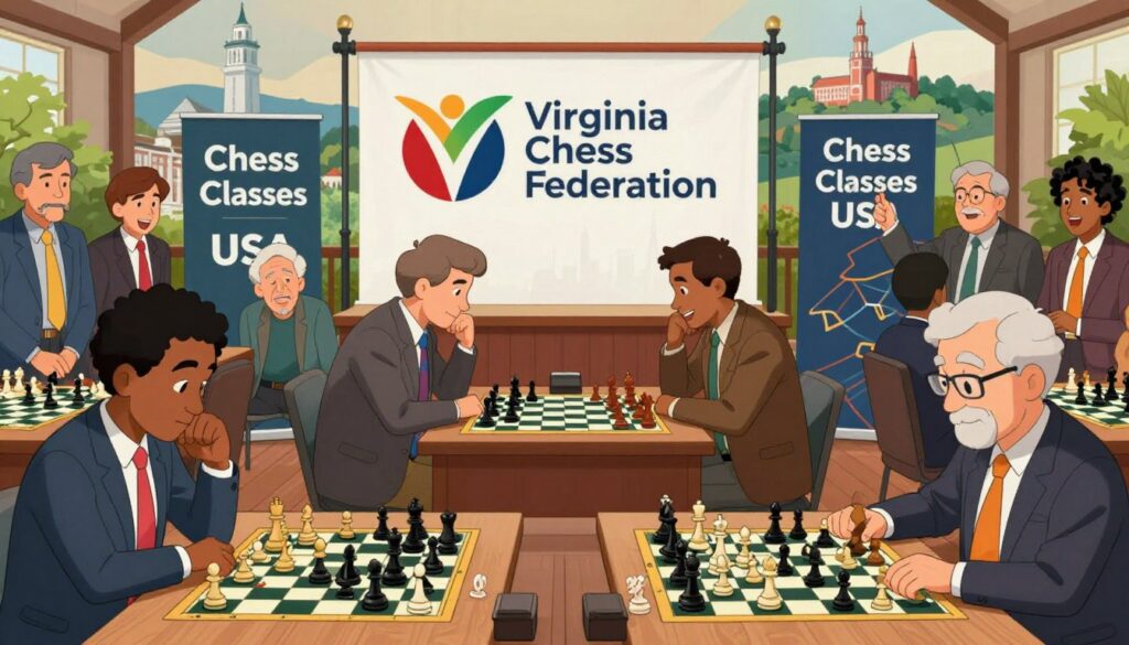 A vibrant and engaging scene showcasing the essence of chess in Virginia, centered around a chess tournament setting. In the foreground, a diverse group of players of different ages, wearing professional business attire, are intensely focused on their chessboards, displaying a mix of concentration and enthusiasm. In the middle ground, a large banner with the "Virginia Chess Federation" logo and another banner for "Chess Classes USA" are prominent, symbolizing community and organization. Surrounding them are enthusiastic spectators, cheering and observing the matches. The background features iconic Virginia landmarks subtly integrated, suggesting a local flavor, illuminated by soft natural light that creates a welcoming atmosphere. The overall mood is one of camaraderie and competition, capturing the rich landscape of chess culture in Virginia.