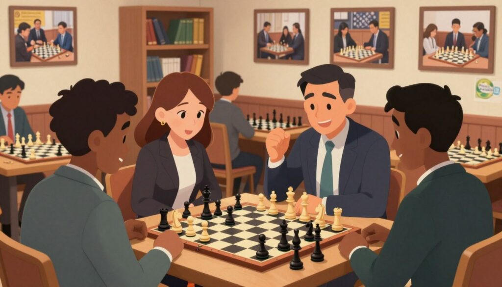 A vibrant and engaging scene showcasing the social and cognitive benefits of chess. In the foreground, a diverse group of four people, including a man and a woman in professional business attire, interact enthusiastically over a chessboard, their expressions reflecting concentration and camaraderie. The middle ground features a cozy chess club setting with shelves of books on strategy and learning, illuminating the educational aspect of the game. The background includes framed photographs of local chess events and tournaments, highlighting the community’s engagement with the sport. Soft, warm lighting creates an inviting atmosphere, and an angle from slightly above captures both the players and their chess pieces clearly. The logo "Chess Classes USA" is subtly incorporated into the environment, enhancing the professional yet welcoming vibe of the space.