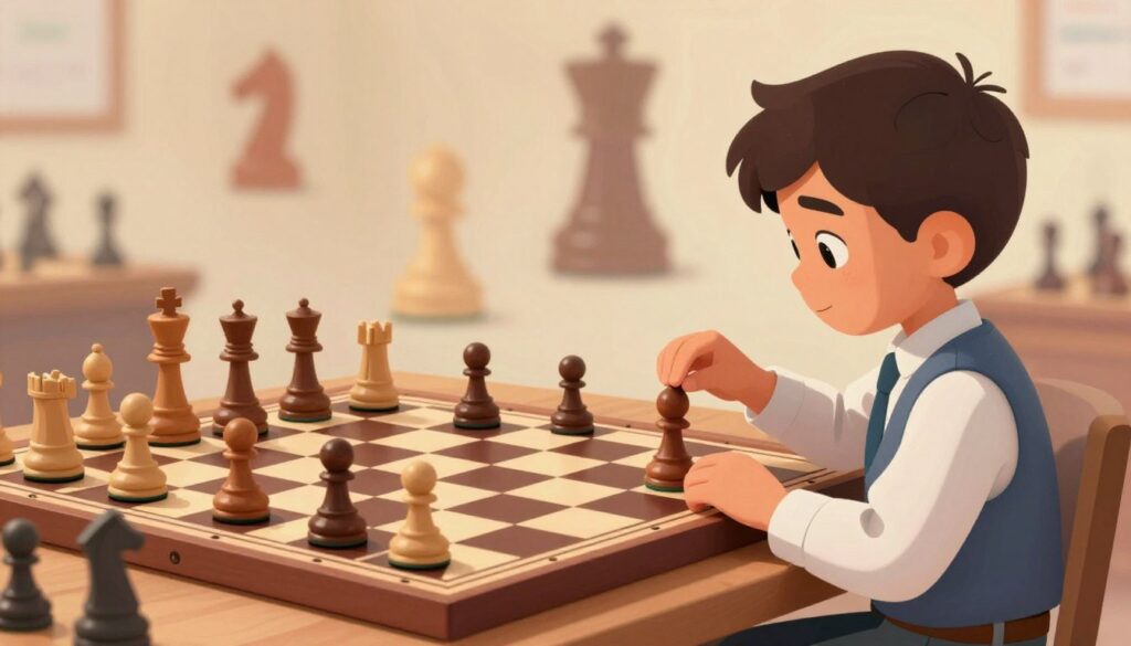 A vibrant and engaging visual representation of chess pattern recognition. In the foreground, a young child, around 8-10 years old, sits at a chessboard, intently studying the pieces, dressed in smart casual attire. In the middle ground, the chessboard is detailed, showcasing a dynamic game in progress, with pieces strategically placed to embody complex patterns such as forks and pins. In the background, abstract shapes and blurred images of chess pieces emerge, symbolizing the cognitive process of pattern recognition. Soft, focused lighting highlights the child's concentration, while a warm color palette creates an inviting and thoughtful atmosphere. The branding “Chess Classes USA” subtly integrated into the scene, ensuring it complements the overall image without distracting from the subject.