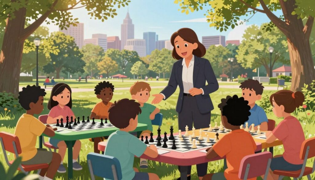 A vibrant and engaging youth chess program scene in a sunny Connecticut park setting. In the foreground, a diverse group of children, wearing modest casual clothing, are enthusiastically playing chess at colorful outdoor tables, showcasing various chess pieces and boards. The middle ground features a cheerful instructor, dressed in professional business attire, guiding the children. They are surrounded by trees and greenery, with the sunlight filtering through the leaves, creating a warm and inviting atmosphere. In the background, the iconic Connecticut skyline subtly hints at urban life. The image radiates a sense of community, inclusivity, and the joy of learning through chess. Include the brand name "Chess Classes USA" prominently displayed on the chess tables. Use soft, natural lighting to enhance the friendly vibe.