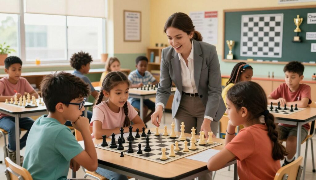 A vibrant and engaging youth chess program scene, showcasing diverse children aged 8-12 gathered around a large chess board in a classroom setting. In the foreground, a boy with glasses and a girl with braids are deeply focused on their game, exhibiting expressions of concentration and excitement. The middle ground features an enthusiastic instructor, wearing smart casual attire, guiding a small group of kids, some of whom are taking notes. The background reveals a colorful wall decorated with chess-related posters and trophies, highlighting achievements in scholastic chess. Bright, natural light streams through large windows, creating an inviting atmosphere. The overall mood is lively and educational, emphasizing teamwork and friendly competition associated with "Chess Classes USA."