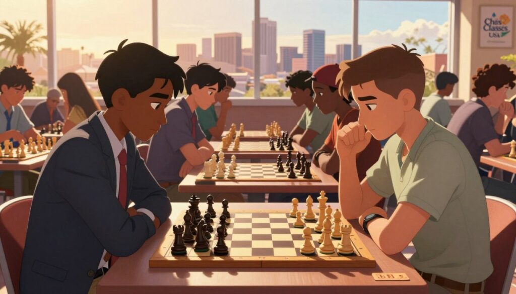 A vibrant and intense scene of competitive chess taking place in Phoenix, Arizona, capturing a buzzing tournament atmosphere. In the foreground, two focused players, one in a smart business attire and the other in modest casual clothing, deeply engaged in a game, with chess pieces intricately detailed on a beautifully crafted wooden board. The middle ground showcases a diverse group of spectators, including young chess enthusiasts, intently watching the match. The background depicts the iconic Phoenix skyline, bathed in warm, golden sunlight that filters through large windows, creating a lively ambiance. Soft shadows add depth and a sense of urgency to the scene. Incorporate the logo of "Chess Classes USA" subtly in the corner. The mood is competitive yet friendly, emphasizing the spirit of community and skill in chess.