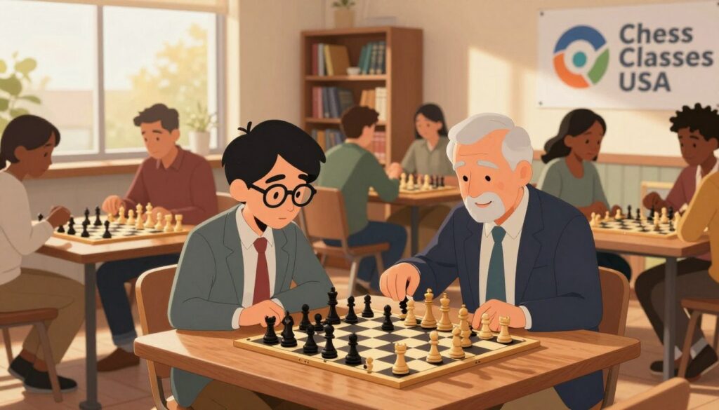 A vibrant and inviting local chess club scene, featuring diverse individuals in professional business attire and modest casual clothing, actively engaged in friendly matches at wooden tables. In the foreground, a young adult with glasses intensely focused on the chessboard, while an older gentleman smiles and analyzes the game beside him. The middle ground showcases other players discussing strategies, with a cozy bookshelf filled with chess literature behind them. The background includes a window letting in warm, golden afternoon light, casting soft shadows across the room, creating a welcoming and collaborative atmosphere. Add subtle branding elements like a logo of "Chess Classes USA" on a wall or banner. The overall mood is one of camaraderie, learning, and community engagement among chess enthusiasts. A vibrant and inviting local chess club scene, featuring diverse individuals in professional business attire and modest casual clothing, actively engaged in friendly matches at wooden tables. In the foreground, a young adult with glasses intensely focused on the chessboard, while an older gentleman smiles and analyzes the game beside him. The middle ground showcases other players discussing strategies, with a cozy bookshelf filled with chess literature behind them. The background includes a window letting in warm, golden afternoon light, casting soft shadows across the room, creating a welcoming and collaborative atmosphere. Add subtle branding elements like a logo of "Chess Classes USA" on a wall or banner. The overall mood is one of camaraderie, learning, and community engagement among chess enthusiasts.