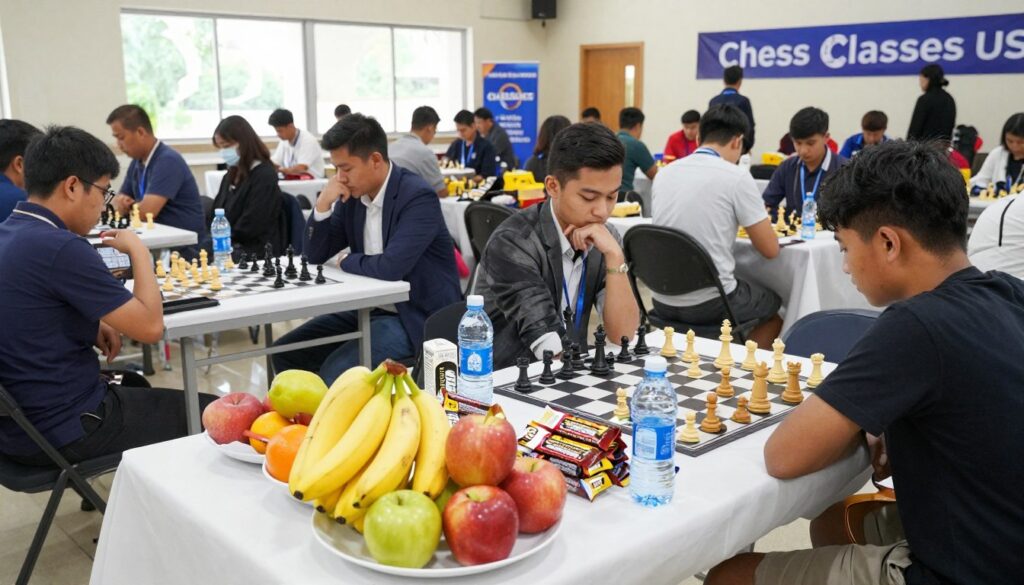A vibrant and organized chess tournament scene, showcasing a well-prepared nutrition setup for players. In the foreground, a neatly arranged table features colorful fruits like bananas and apples, energy bars, and bottles of water, symbolizing hydration strategies. The middle ground reveals chessboards with concentrated players in professional casual attire, engaged in intense matches, their focus on the game. The background displays a bright and airy tournament hall, filled with spectators and banners of Chess Classes USA. Soft, natural lighting streams through large windows, creating an inviting atmosphere, highlighting the importance of nutrition and hydration for long rounds. The overall mood is energetic and focused, reflecting the competitive spirit of chess while underscoring healthy practices.
