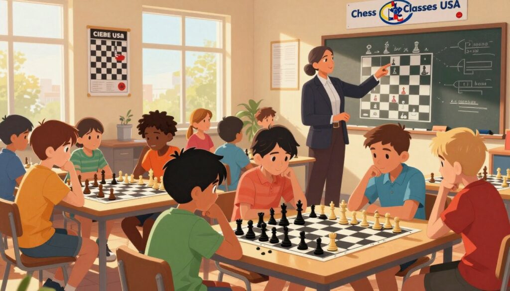 A vibrant, bustling chess club setting focused on young learners engaged in a scholastic chess program. In the foreground, a diverse group of children, aged 8-12, are deeply concentrated on their chess boards, displaying thoughtful expressions as they analyze strategies. They are dressed in colorful, modest casual clothing. In the middle ground, a knowledgeable instructor, in professional attire, is guiding a small group, pointing out key moves. The background features a wall adorned with motivational chess posters and a large chalkboard filled with diagrams of chess strategies. The lighting is warm and inviting, mimicking late afternoon sunlight streaming through large windows, creating a cozy yet stimulating atmosphere. Subtle details include a logo for "Chess Classes USA" on a banner hung on the wall, symbolizing the program's identity and mission.