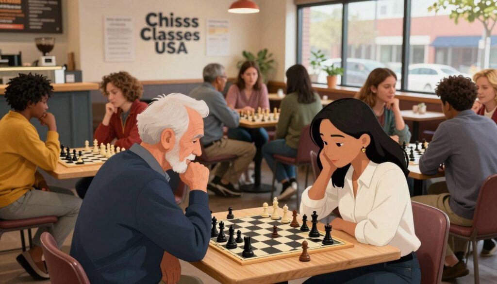 A vibrant, bustling local chess community in Detroit, showcasing people of diverse ages and backgrounds engaged in passionate games. In the foreground, two players—one elderly man in a smart casual outfit and a young woman in a business-casual blouse—lean over a chessboard, deeply focused on their match. The middle ground features other players in conversation and thoughtful play, with a visible sign reading "Chess Classes USA" on a wall in the background. Lively colors create a welcoming atmosphere, while warm lighting highlights the joy and camaraderie of the chess culture. The background shows an inviting café setting, with chessboards on tables and a large window letting in soft afternoon light, enhancing the sense of community. The overall mood is uplifting, reflecting the spirit of collaboration and learning in Detroit’s chess scene.