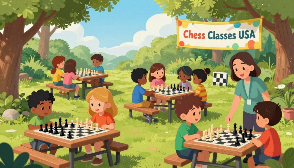 A vibrant chess camp scene set in an outdoor environment, showcasing children engaged in personalized chess learning activities. In the foreground, two young players, a diverse group of boys and girls, concentrate on their chessboards, with a friendly instructor guiding them beside a colorful banner that reads "Chess Classes USA." In the middle ground, several picnic tables with chess sets are surrounded by trees, where other children are collaborating on strategies, surrounded by chess-themed decorations. The background features a bright blue sky and lush greenery that enhance the cheerful atmosphere. Soft, natural lighting filters through the leaves, creating a warm and inviting mood. The image captures the essence of personalized chess adventures, highlighting ingenuity, teamwork, and fun. A vibrant chess camp scene set in an outdoor environment, showcasing children engaged in personalized chess learning activities. In the foreground, two young players, a diverse group of boys and girls, concentrate on their chessboards, with a friendly instructor guiding them beside a colorful banner that reads "Chess Classes USA." In the middle ground, several picnic tables with chess sets are surrounded by trees, where other children are collaborating on strategies, surrounded by chess-themed decorations. The background features a bright blue sky and lush greenery that enhance the cheerful atmosphere. Soft, natural lighting filters through the leaves, creating a warm and inviting mood. The image captures the essence of personalized chess adventures, highlighting ingenuity, teamwork, and fun.