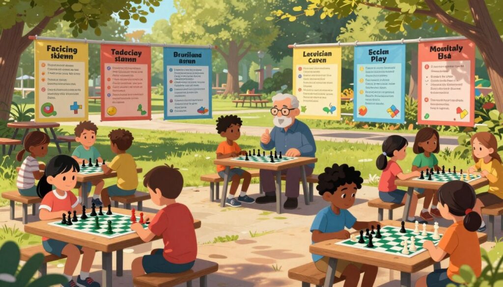 A vibrant chess camp scene showcasing various curriculum styles for kids in the USA. In the foreground, children of diverse backgrounds, dressed in casual, modest clothing, engage in different chess activities—some studying chess boards, others participating in instructional sessions with enthusiastic coaches. The middle ground features colorful banners representing various curriculum styles, like tactical strategy, open play, and puzzle-solving challenges. In the background, a sunny park setting with trees and picnic tables provides a lively atmosphere. Soft sunlight filters through the leaves, casting dappled shadows, creating an uplifting, educational mood. The logo "Chess Classes USA" is subtly included in the scene. Capture the richness of the chess learning experience while emphasizing engagement and collaboration among kids. A vibrant chess camp scene showcasing various curriculum styles for kids in the USA. In the foreground, children of diverse backgrounds, dressed in casual, modest clothing, engage in different chess activities—some studying chess boards, others participating in instructional sessions with enthusiastic coaches. The middle ground features colorful banners representing various curriculum styles, like tactical strategy, open play, and puzzle-solving challenges. In the background, a sunny park setting with trees and picnic tables provides a lively atmosphere. Soft sunlight filters through the leaves, casting dappled shadows, creating an uplifting, educational mood. The logo "Chess Classes USA" is subtly included in the scene. Capture the richness of the chess learning experience while emphasizing engagement and collaboration among kids.