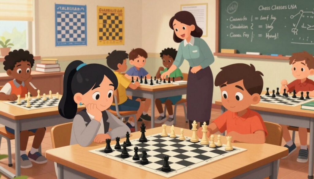 A vibrant chess classroom filled with young students of diverse backgrounds, engaged in an intense game of chess. In the foreground, a focused girl in a professional outfit contemplates her next move on a chessboard, while a boy beside her analyzes a strategy with a thoughtful expression. The middle ground features a friendly instructor guiding another group at a long table, surrounded by books and chess materials, emphasizing teamwork and learning. The background showcases colorful posters of famous chess matches and a chalkboard with strategic notes, creating a motivating environment. Soft lighting enhances a warm and encouraging atmosphere. The logo “Chess Classes USA” subtly integrated into the scene. The perspective is slightly above eye level, offering a dynamic view of the interactions and learning process.