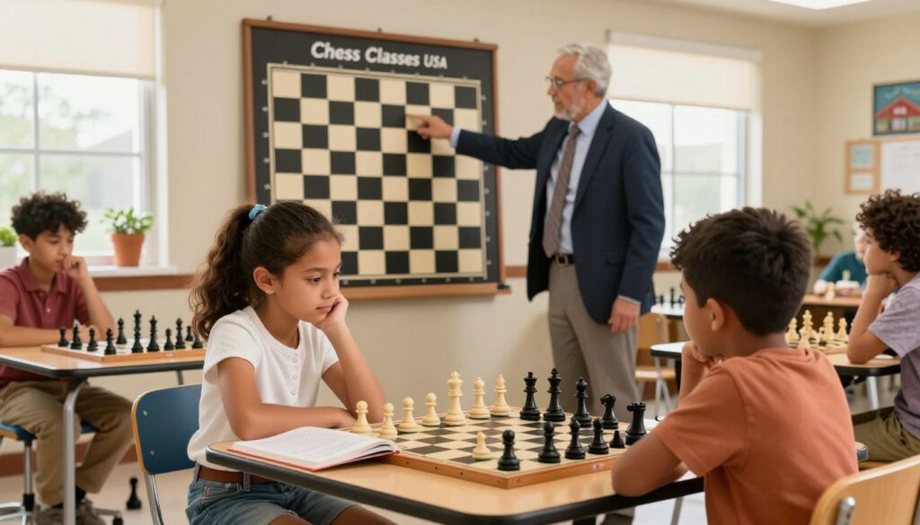 A vibrant chess classroom scene in Tulsa, Oklahoma, showcasing a diverse group of eager students, including both children and adults, engaged in learning strategies to improve their chess skills. In the foreground, a focused young girl in a smart casual outfit studies an open chess book beside a wooden chessboard, deep in thought. In the middle, an experienced instructor, dressed in professional business attire, points out tactics on a large wall-mounted chessboard. In the background, bright windows allow natural light to flood the room, creating a warm, inviting atmosphere. Subtle hints of local Oklahoma culture can be seen through decorations. The image captures a sense of community and growth, promoting "Chess Classes USA" through the ambiance of learning and collaboration.