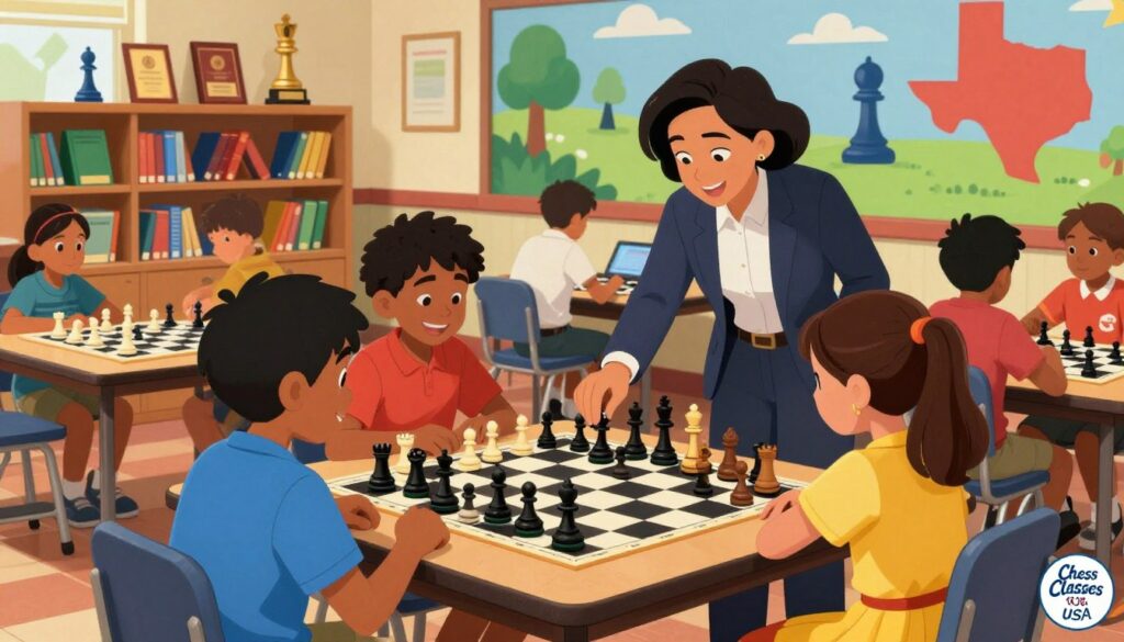 A vibrant chess classroom scene showcasing diverse Texas youth engaged in learning and improving their chess skills. In the foreground, a group of children, including a boy in a blue shirt and a girl in a yellow dress, attentively studying a large chessboard filled with pieces, guided by a friendly instructor wearing smart casual attire. The middle ground features shelves lined with chess books and awards, while some kids are practicing with a digital chess board. The background depicts a colorful mural of Texas landscapes and iconic chess pieces. The lighting is bright and warm, evoking a sense of excitement and camaraderie. The atmosphere is engaging and inspiring, reflecting the social and cognitive benefits of chess for youth. Include a subtle logo for "Chess Classes USA" in the corner.