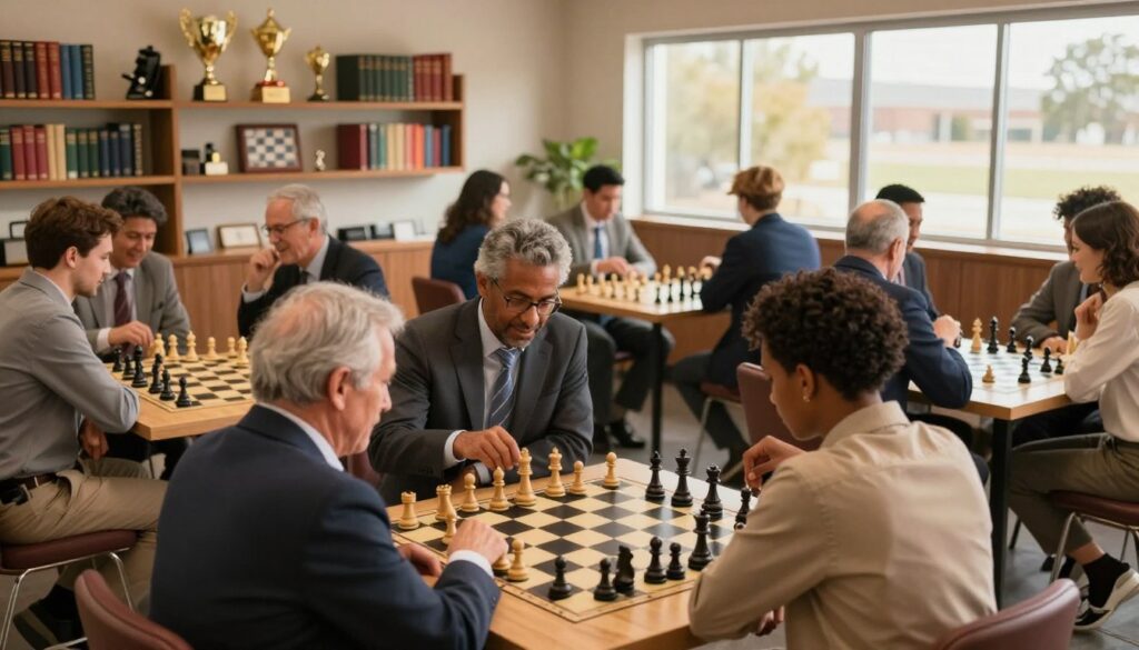 A vibrant chess club atmosphere in Nevada, showcasing a stylish interior filled with chess tables and eager players engaged in intense matches. In the foreground, a diverse group of adults, dressed in professional business attire, are focused on their games, displaying deep concentration and strategy. The middle ground features various chess boards with intricate pieces, while players interact, sharing strategies and laughter. The background includes shelves lined with chess books, trophies from tournaments, and a large window letting in warm, natural light, enhancing the cozy ambiance. The atmosphere is lively yet respectful, reflecting a social hub for chess enthusiasts. The logo of "Chess Classes USA" is subtly placed in the scene. Use soft, diffused lighting with a focus on depth of field to create a welcoming vibe.