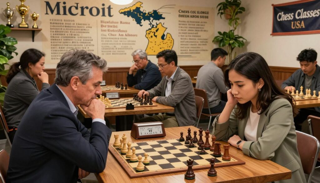 A vibrant chess club in Detroit, showcasing a diverse group of adults passionately engaging in chess games at wooden tables, illuminated by warm, soft lighting. In the foreground, focus on a middle-aged man wearing a blazer deeply pondering his next move, while a young woman in smart casual attire leans in with intrigue. In the middle, several chessboards are set up, featuring intricately carved pieces and chess clocks. In the background, a large mural celebrates Michigan's rich chess history, incorporating elements from both Detroit and Ann Arbor. The atmosphere is friendly and inviting, encouraging competition and camaraderie. The room is filled with lush greenery, hints of classic chess trophies on shelves, and a banner reading "Chess Classes USA," contributing to an engaging and educational vibe.