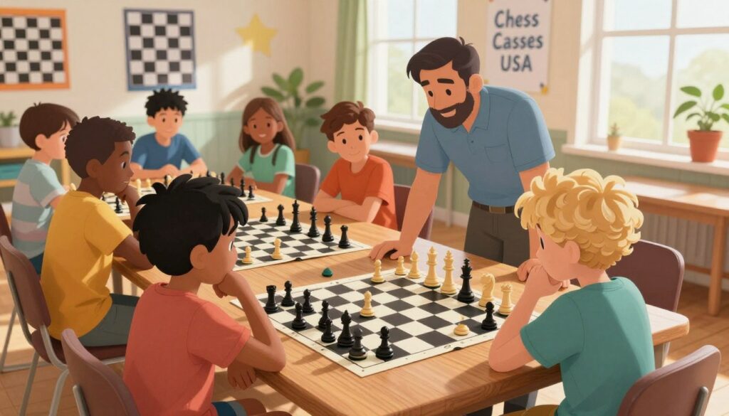 A vibrant chess club scene featuring a diverse group of children and a friendly coach, all engaged in lively chess matches at a long wooden table. In the foreground, two children, one with dark hair and the other with curly blonde hair, intently analyze a chessboard, deep in thought. In the middle ground, various chess boards with pieces in different stages of play showcase the excitement of the game. The background displays a cozy room with colorful chess-themed posters on the walls, soft natural light streaming in through large windows, creating an inviting atmosphere. There is a banner on the wall reading "Chess Classes USA." The mood is friendly and inclusive, emphasizing teamwork and the joy of learning. Use a slightly elevated angle to capture the dynamics of the group.