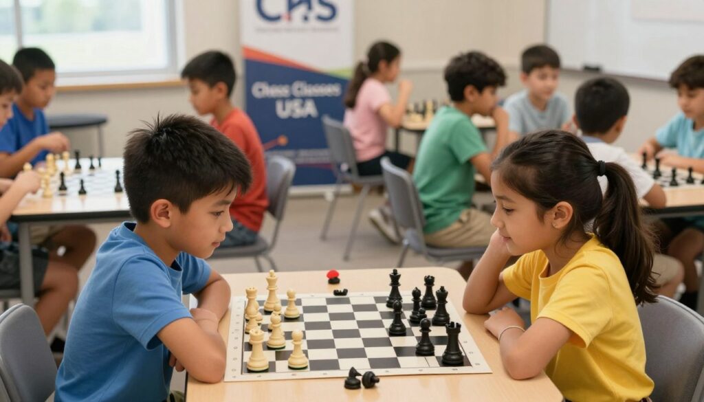 A vibrant chess club scene focused on youth chess development, featuring a diverse group of children engaged in a spirited game of chess at a well-organized tournament. In the foreground, two young players, a boy and a girl, concentrate intensely on their chessboard, showcasing a mix of determination and joy. The background reveals other children participating in matches, while a subtle banner displays the logo of "Chess Classes USA." Soft, natural lighting illuminates the room, creating a warm and inviting atmosphere. The angle should be slightly above eye-level, capturing the excitement and focus on the players, with colorful chess pieces adding a lively touch to the overall scene. The mood is inspiring and supportive, highlighting the importance of community and growth in scholastic chess.