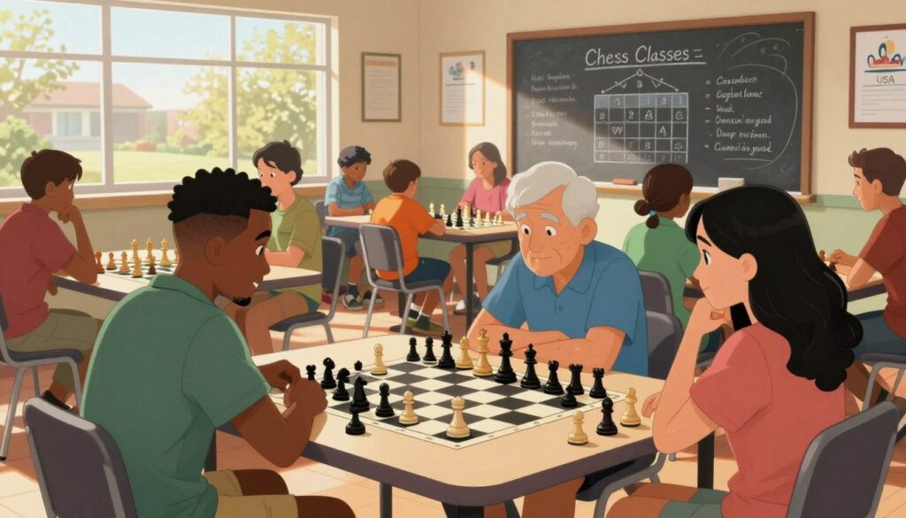 A vibrant chess club scene in Alabama, depicting a diverse group of players engaged in a heated match. In the foreground, two players, a Black man and a Hispanic woman, concentrate on their game, depicted in modest casual clothing. In the middle ground, multiple tables host a mix of players, including seniors and children, creating an inclusive atmosphere. The background features a large chalkboard with chess strategies drawn, showcasing the community aspect. Warm, natural lighting streams through large windows, casting soft shadows and enhancing the inviting ambiance. The setting reflects the spirit of camaraderie, with subtle decorations indicating it's associated with "Chess Classes USA." The image should convey excitement and focus, capturing the social aspect of chess clubs in Alabama.