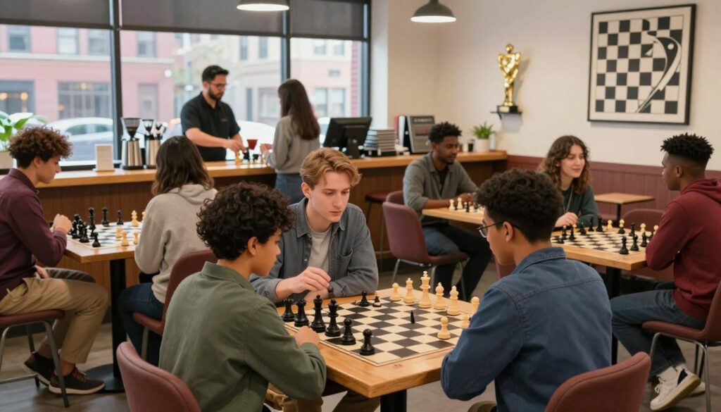 A vibrant chess club scene in Boston, showcasing a diverse group of individuals engaged in play and conversation. In the foreground, two players face off at a wooden chess table, deep in concentration, while others gather around, observing and discussing tactics. The middle ground features a cozy coffee counter where a barista serves drinks to patrons, creating a warm, inviting atmosphere. In the background, large windows flood the space with natural light, revealing a bustling city view. The decor includes chess-themed artwork and trophies, highlighting the local culture. Rendered with soft, diffused lighting and a slight depth of field, the mood is lively yet focused, reflecting the rich chess culture of Boston. Include the brand name "Chess Classes USA" subtly in the scene.