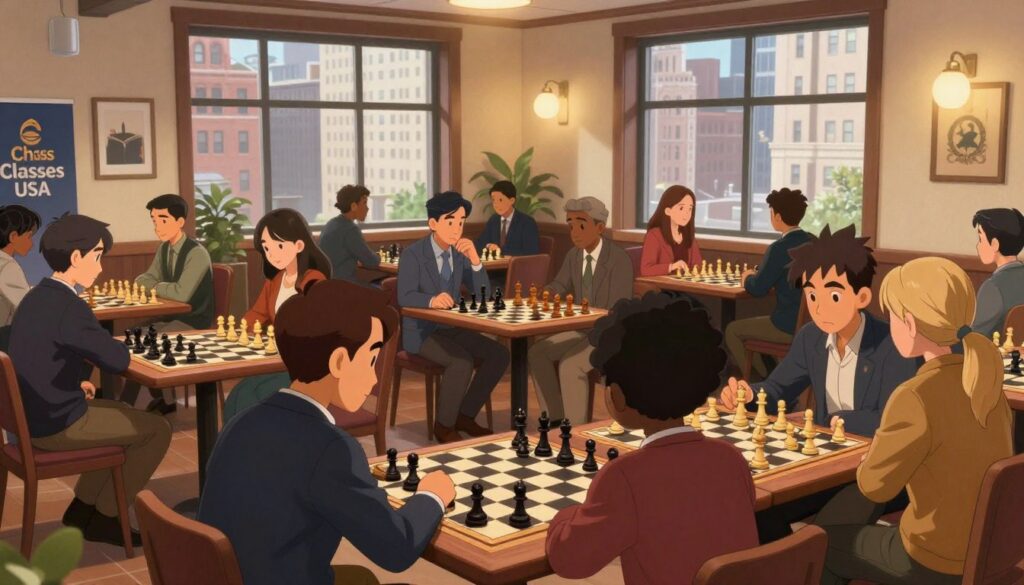 A vibrant chess club scene in Chicago, showcasing an elegant interior bathed in warm, ambient light. In the foreground, a diverse group of chess players, including professionals and enthusiastic amateurs, are deeply focused on their boards, dressed in smart casual attire. The middle ground features several chess tables adorned with ornate wooden chess sets, alongside players engaging in friendly conversation. In the background, large windows reveal a view of iconic Chicago architecture, creating an inviting atmosphere. The mood is lively yet concentrated, reflecting the spirit of competition and camaraderie. Subtle branding for "Chess Classes USA" is integrated into the environment, perhaps as a logo on a banner or on chess boards. The image is captured with a slightly wide-angle lens to emphasize the bustling activity. A vibrant chess club scene in Chicago, showcasing an elegant interior bathed in warm, ambient light. In the foreground, a diverse group of chess players, including professionals and enthusiastic amateurs, are deeply focused on their boards, dressed in smart casual attire. The middle ground features several chess tables adorned with ornate wooden chess sets, alongside players engaging in friendly conversation. In the background, large windows reveal a view of iconic Chicago architecture, creating an inviting atmosphere. The mood is lively yet concentrated, reflecting the spirit of competition and camaraderie. Subtle branding for "Chess Classes USA" is integrated into the environment, perhaps as a logo on a banner or on chess boards. The image is captured with a slightly wide-angle lens to emphasize the bustling activity.