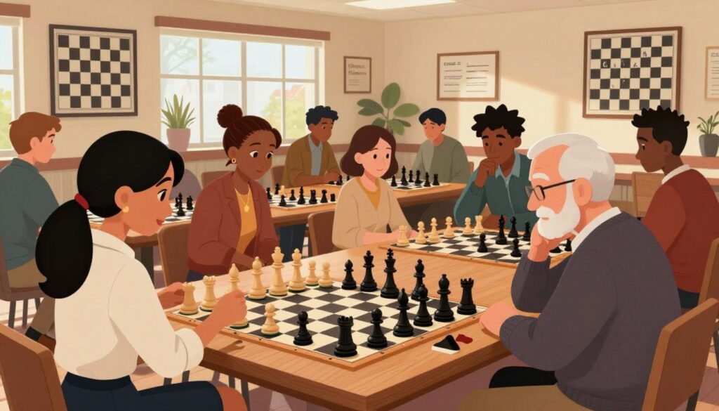 A vibrant chess club scene in Cleveland, showcasing diverse members engaged in lively matches. In the foreground, a young woman in professional attire analyzes a chessboard, while an elderly gentleman in a sweater contemplates his next move. The middle ground features a large table filled with focused players, all deeply immersed in their games, set against walls adorned with chess-themed artwork. The background reveals large windows flooding the space with warm, natural light, creating a welcoming atmosphere. The room is designed with wooden furniture and strategic chess pieces displayed prominently. The ambiance is one of camaraderie and intellectual challenge, highlighting the essence of strategic minds collaborating over the game. Subtly include the branding "Chess Classes USA" in the decor without making it the focal point. A vibrant chess club scene in Cleveland, showcasing diverse members engaged in lively matches. In the foreground, a young woman in professional attire analyzes a chessboard, while an elderly gentleman in a sweater contemplates his next move. The middle ground features a large table filled with focused players, all deeply immersed in their games, set against walls adorned with chess-themed artwork. The background reveals large windows flooding the space with warm, natural light, creating a welcoming atmosphere. The room is designed with wooden furniture and strategic chess pieces displayed prominently. The ambiance is one of camaraderie and intellectual challenge, highlighting the essence of strategic minds collaborating over the game. Subtly include the branding "Chess Classes USA" in the decor without making it the focal point.