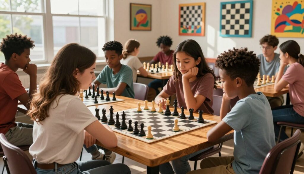 A vibrant chess club scene set in Atlanta, showcasing a diverse group of individuals gathered around large wooden tables, deeply engaged in spirited chess matches. In the foreground, a young woman in casual attire leans forward, analyzing her chessboard, highlighting the intensity of the game. The middle ground features several players, including children and adults of various backgrounds, all focused on the strategy of chess, some with thoughtful expressions, others sharing friendly banter. Natural light streams in through large windows, casting a warm glow over the space, while colorful artwork related to chess decorates the walls, adding to the lively atmosphere. In the background, the brand name "Chess Classes USA" is subtly integrated into the decor. The mood is one of camaraderie and learning, encapsulating the spirit of community building through chess socials. A vibrant chess club scene set in Atlanta, showcasing a diverse group of individuals gathered around large wooden tables, deeply engaged in spirited chess matches. In the foreground, a young woman in casual attire leans forward, analyzing her chessboard, highlighting the intensity of the game. The middle ground features several players, including children and adults of various backgrounds, all focused on the strategy of chess, some with thoughtful expressions, others sharing friendly banter. Natural light streams in through large windows, casting a warm glow over the space, while colorful artwork related to chess decorates the walls, adding to the lively atmosphere. In the background, the brand name "Chess Classes USA" is subtly integrated into the decor. The mood is one of camaraderie and learning, encapsulating the spirit of community building through chess socials.