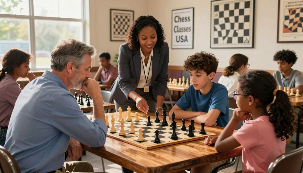 A vibrant chess club scene set in South Carolina, showcasing a diverse group of adults and children engaged in a chess game at a large wooden table. In the foreground, a middle-aged man in a smart casual outfit leans over the table, thoughtfully studying the chessboard, while a young girl in glasses eagerly awaits her turn. In the middle, a friendly woman in a professional outfit shares tips with a teenage boy, who is visibly excited. The background features an inviting space decorated with chess-themed art and posters promoting "Chess Classes USA." Warm, natural sunlight filters through the large windows, creating a welcoming atmosphere. The angle captures the dynamics of the game, emphasizing interaction and community spirit.