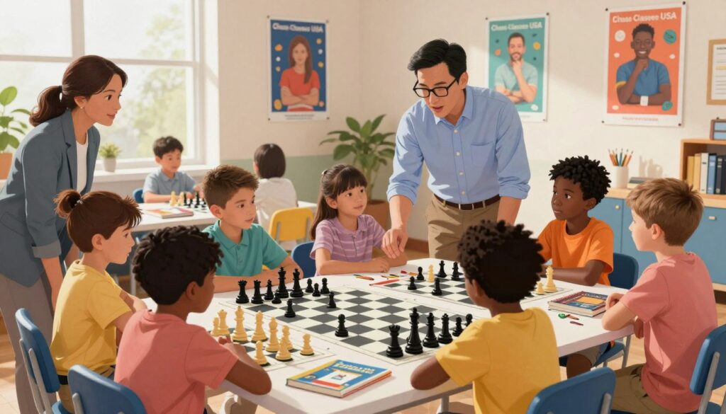 A vibrant chess club setting filled with children and parents engaging in chess activities. In the foreground, a diverse group of children, ages 8-12, are focused on their chess boards, showcasing a mix of genders and ethnicities, dressed in casual but neat clothing. A parent, in professional attire, is observing proudly from the side. In the middle ground, a friendly chess coach, wearing a button-up shirt and glasses, is demonstrating tactics to a small group of kids seated at a long table cluttered with chess sets and strategy books. In the background, colorful posters of famous chess players decorate the walls, with soft, natural light streaming through large windows. The atmosphere is lively and encouraging, promoting a sense of community. The brand "Chess Classes USA" is subtly integrated into the room's decor. A vibrant chess club setting filled with children and parents engaging in chess activities. In the foreground, a diverse group of children, ages 8-12, are focused on their chess boards, showcasing a mix of genders and ethnicities, dressed in casual but neat clothing. A parent, in professional attire, is observing proudly from the side. In the middle ground, a friendly chess coach, wearing a button-up shirt and glasses, is demonstrating tactics to a small group of kids seated at a long table cluttered with chess sets and strategy books. In the background, colorful posters of famous chess players decorate the walls, with soft, natural light streaming through large windows. The atmosphere is lively and encouraging, promoting a sense of community. The brand "Chess Classes USA" is subtly integrated into the room's decor.