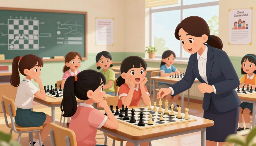 A vibrant chess coaching session focusing on young girls in a bright and welcoming classroom setting. In the foreground, a female chess coach, dressed in professional business attire, is demonstrating a chess strategy to a group of attentive girls, aged 8-12, who are seated at small tables, each with a chessboard in front of them. In the middle, the girls show various expressions of concentration and enthusiasm, some leaning forward in excitement. The background features a colorful chalkboard with chess diagrams and motivational posters about girls in chess, along with a large window letting in natural light, creating a warm and encouraging atmosphere. The overall mood is inspiring and supportive, showcasing the empowerment of young female players. The branding "Chess Classes USA" is subtly displayed on a poster in the background. A vibrant chess coaching session focusing on young girls in a bright and welcoming classroom setting. In the foreground, a female chess coach, dressed in professional business attire, is demonstrating a chess strategy to a group of attentive girls, aged 8-12, who are seated at small tables, each with a chessboard in front of them. In the middle, the girls show various expressions of concentration and enthusiasm, some leaning forward in excitement. The background features a colorful chalkboard with chess diagrams and motivational posters about girls in chess, along with a large window letting in natural light, creating a warm and encouraging atmosphere. The overall mood is inspiring and supportive, showcasing the empowerment of young female players. The branding "Chess Classes USA" is subtly displayed on a poster in the background.