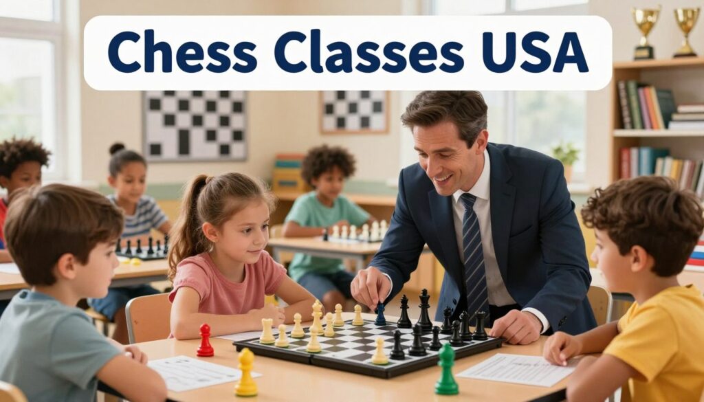 A vibrant chess coaching session for children, depicting a diverse group of kids, aged 8-12, engaged in a fun and interactive learning environment. In the foreground, a friendly coach in professional business attire guides a young girl and a boy as they study a chessboard, their expressions filled with curiosity and concentration. In the middle, bright, colorful chess pieces and lesson materials are scattered on a table, emphasizing the playful atmosphere. The background features a well-lit classroom with chess-themed posters and shelves filled with books and trophies. Soft, warm lighting enhances the inviting mood, while a slight depth of field blurs the background slightly, focusing on the joyful interaction among the children and their coach. Create a banner with the text "Chess Classes USA" at the top in an engaging font.