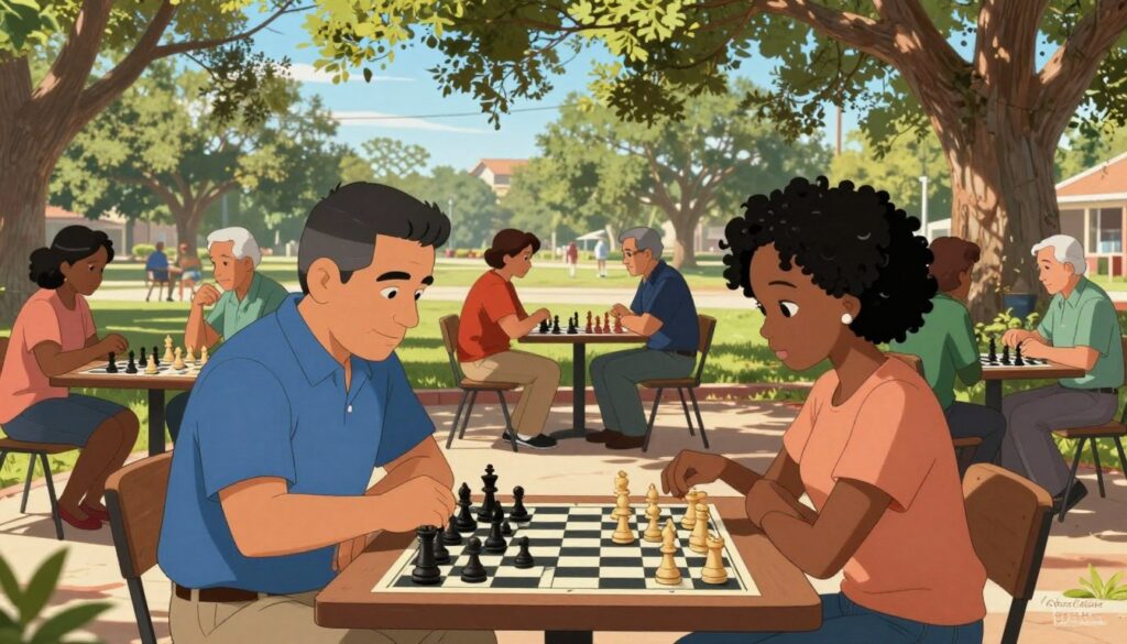 A vibrant chess community gathering in a cozy, sunlit park in Texas, showcasing diverse individuals of varying ages and backgrounds engaged in chess games. In the foreground, two players intensely focus on their match, one a middle-aged Hispanic man and the other a young Black woman, both dressed in smart casual clothing. In the middle ground, other community members converse and watch the games, adding to the lively atmosphere. The background features large oak trees and a blue sky, with sunlight filtering through the leaves, casting dappled shadows on the ground. The ambiance is warm and inviting, promoting a sense of camaraderie and inclusivity, reflecting the theme of community and connection. The logo of "Chess Classes USA" is subtly integrated into the scene, ensuring relevance.