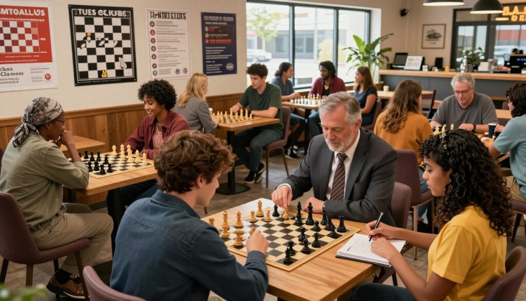 A vibrant chess community gathering in an inviting indoor space, showcasing diverse individuals of various ages engaged in lively discussions and games. In the foreground, a middle-aged man in professional attire demonstrates strategies on a chessboard, while a young woman watches intently, taking notes. The middle layer features a large wall adorned with chess-related posters promoting local clubs and events. In the background, a cozy café setting with people casually socializing and playing chess, bathed in warm, natural light filtering through large windows. The atmosphere is friendly and collaborative, emphasizing a sense of community. The branding "Chess Classes USA" subtly integrated into the café decor. Use a wide-angle lens to capture the entire scene, highlighting the sense of connection and engagement within the chess community.
