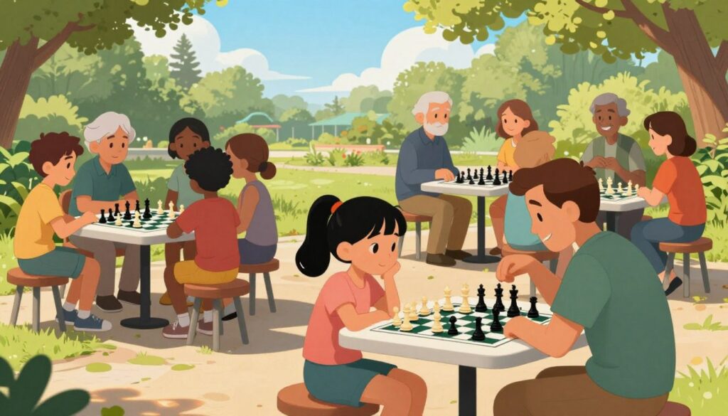 A vibrant chess community scene unfolds in a park setting, with diverse individuals of all ages engaged in chess games at outdoor tables. In the foreground, a young girl and her father, both in modest casual clothing, are deep in concentration over a chessboard. In the middle ground, groups of children and teens are animatedly discussing strategies, while older players observe, showcasing the multi-generational appeal of chess. The background features lush greenery and a clear blue sky, hinting at a sunny day filled with camaraderie. Soft sunlight filters through the trees, creating dappled shadows on the ground. The ambiance is warm and inviting, reflecting the joy of learning and community support in chess, emphasizing the mission of Chess Classes USA to foster development at every stage.