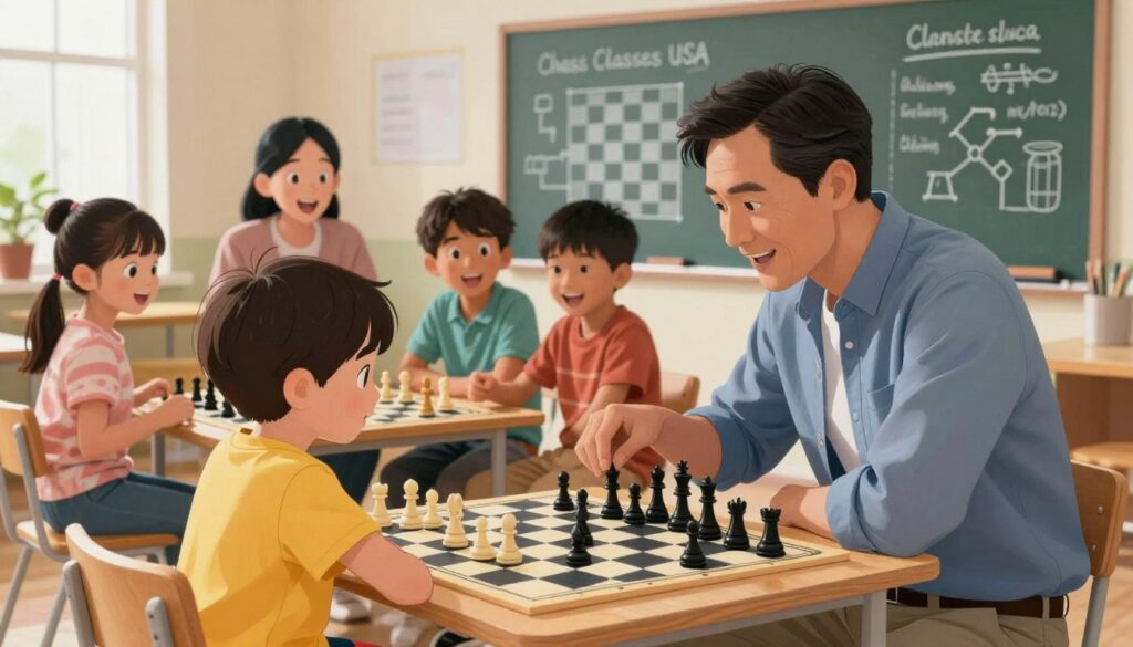 A vibrant chess mentorship scene in a cozy, well-lit community center. In the foreground, a middle-aged chess coach, dressed in smart casual attire, is leaning over a chessboard with a young child, who is intently focused on the game, wearing bright, playful clothing. In the middle ground, a small group of children and parents are gathered around another chessboard, engaging in cheerful discussions and strategic exchanges, their expressions full of curiosity and excitement. The background features a chalkboard filled with chess strategies and diagrams, adding to the educational atmosphere. Soft, warm lighting enhances the friendly, collaborative mood of the scene. The brand name "Chess Classes USA" subtly integrated into the environment.