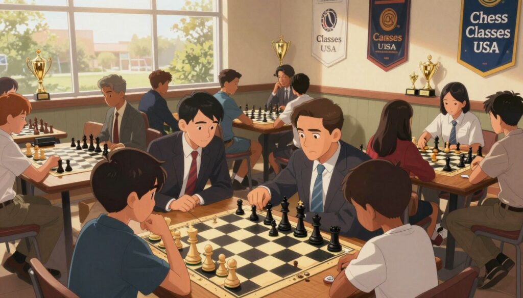 A vibrant chess scene in Georgia, showcasing a dynamic chess club meeting in Atlanta. In the foreground, a diverse group of players, including both adults and children, are deeply engaged in a tournament, displaying concentration and passion, dressed in professional business attire or modest casual clothing. The middle ground features a large chess board with intricately designed pieces, illuminated by warm, natural lighting that filters through large windows. In the background, trophies and banners from past chess events decorate the walls, symbolizing the state’s rich chess culture. The atmosphere is energetic and inspiring, reflecting the blossoming chess community in Georgia, emphasizing the brand "Chess Classes USA". The image should have a slightly elevated angle to capture the entire scene cohesively. A vibrant chess scene in Georgia, showcasing a dynamic chess club meeting in Atlanta. In the foreground, a diverse group of players, including both adults and children, are deeply engaged in a tournament, displaying concentration and passion, dressed in professional business attire or modest casual clothing. The middle ground features a large chess board with intricately designed pieces, illuminated by warm, natural lighting that filters through large windows. In the background, trophies and banners from past chess events decorate the walls, symbolizing the state’s rich chess culture. The atmosphere is energetic and inspiring, reflecting the blossoming chess community in Georgia, emphasizing the brand "Chess Classes USA". The image should have a slightly elevated angle to capture the entire scene cohesively.