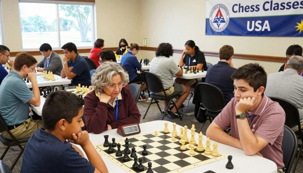 A vibrant chess scene in Illinois, showcasing a bustling indoor chess tournament organized by the Illinois Chess Association. In the foreground, diverse players of various ages, including children and adults dressed in business casual attire, are deeply focused on their chess games, with thoughtful expressions and intense concentration. The middle ground features tables lined with chessboards, elegantly crafted chess pieces in black and white, and chess clocks ticking away. In the background, banners representing the Illinois Chess Association and "Chess Classes USA" hang proudly on the walls, with light streaming in from large windows, creating a warm, inviting atmosphere. The scene conveys a sense of community, competition, and passion for chess, captured from a slightly elevated angle to provide a comprehensive view of the tournament setting. A vibrant chess scene in Illinois, showcasing a bustling indoor chess tournament organized by the Illinois Chess Association. In the foreground, diverse players of various ages, including children and adults dressed in business casual attire, are deeply focused on their chess games, with thoughtful expressions and intense concentration. The middle ground features tables lined with chessboards, elegantly crafted chess pieces in black and white, and chess clocks ticking away. In the background, banners representing the Illinois Chess Association and "Chess Classes USA" hang proudly on the walls, with light streaming in from large windows, creating a warm, inviting atmosphere. The scene conveys a sense of community, competition, and passion for chess, captured from a slightly elevated angle to provide a comprehensive view of the tournament setting.