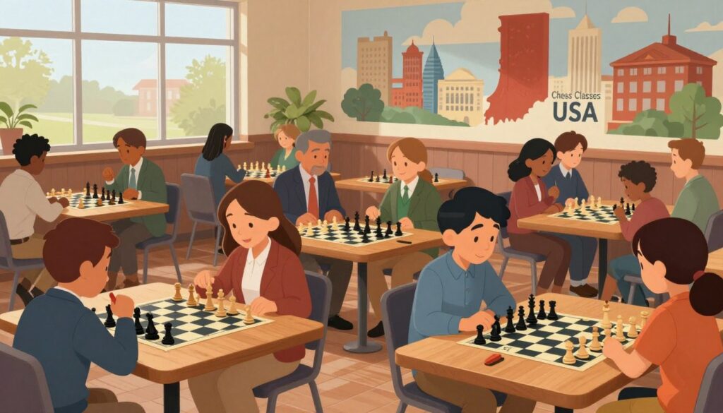 A vibrant chess scene in Indiana, showcasing a diverse group of players engaged in a friendly tournament. In the foreground, a multiracial group of adults and children, all in professional business attire or modest casual clothing, intensely focus on their chess boards, conveying a sense of concentration and excitement. In the middle ground, several tables are adorned with beautifully crafted chess sets, while the atmosphere buzzes with camaraderie and strategic discussions. In the background, a mural depicting iconic Indiana landmarks adds a local flair. Soft, natural lighting filters through large windows, highlighting the warm wooden interior of a community center, creating an inviting and hopeful ambiance. This illustration embodies the future of chess in Indiana, featuring the brand "Chess Classes USA" as a focal point of community engagement and education in the game.