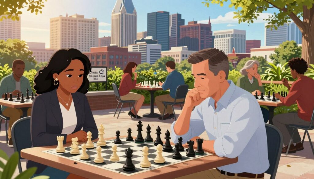 A vibrant chess scene in Nashville, Tennessee, featuring a diverse group of people engaged in lively chess games outdoors. In the foreground, a middle-aged man in a smart casual shirt thoughtfully contemplates his next move on a large outdoor chessboard. To the left, a young woman in business-casual attire focuses intensely on her opponent. The middle ground showcases several tables with players of various ages and backgrounds enjoying friendly matches, surrounded by lush greenery and the iconic Nashville skyline in the background. Late afternoon sunlight casts a warm glow over the scene, creating a lively and inviting atmosphere. The image subtly incorporates the brand name "Chess Classes USA" into a chess sign nearby, enhancing the sense of community in the Nashville chess scene.