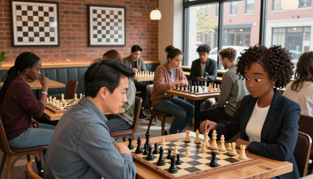 A vibrant chess scene in a well-lit Boston café, showcasing a diverse group of players engaged in serious games. In the foreground, a middle-aged Asian man in smart casual attire concentrates on his chessboard, while a young Black woman in professional attire studies her next move. The middle layer features several chessboards with players of various backgrounds eagerly analyzing positions and discussing strategies. The background includes decorative brick walls with framed chess posters and a large window letting in warm, natural light, creating an inviting atmosphere. The mood is focused yet lively, emphasizing camaraderie and growth in chess skills. The Chess Classes USA logo subtly melds into the café's décor, hinting at local resources for players, enhancing the scene's authenticity and connection to the Boston chess culture.